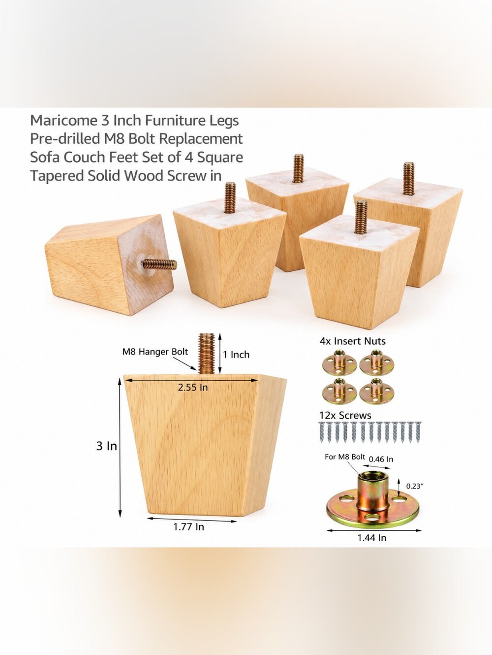 Set of 4 Unused 3" Solid Wood Furniture Legs Sofa Couch Feet M8